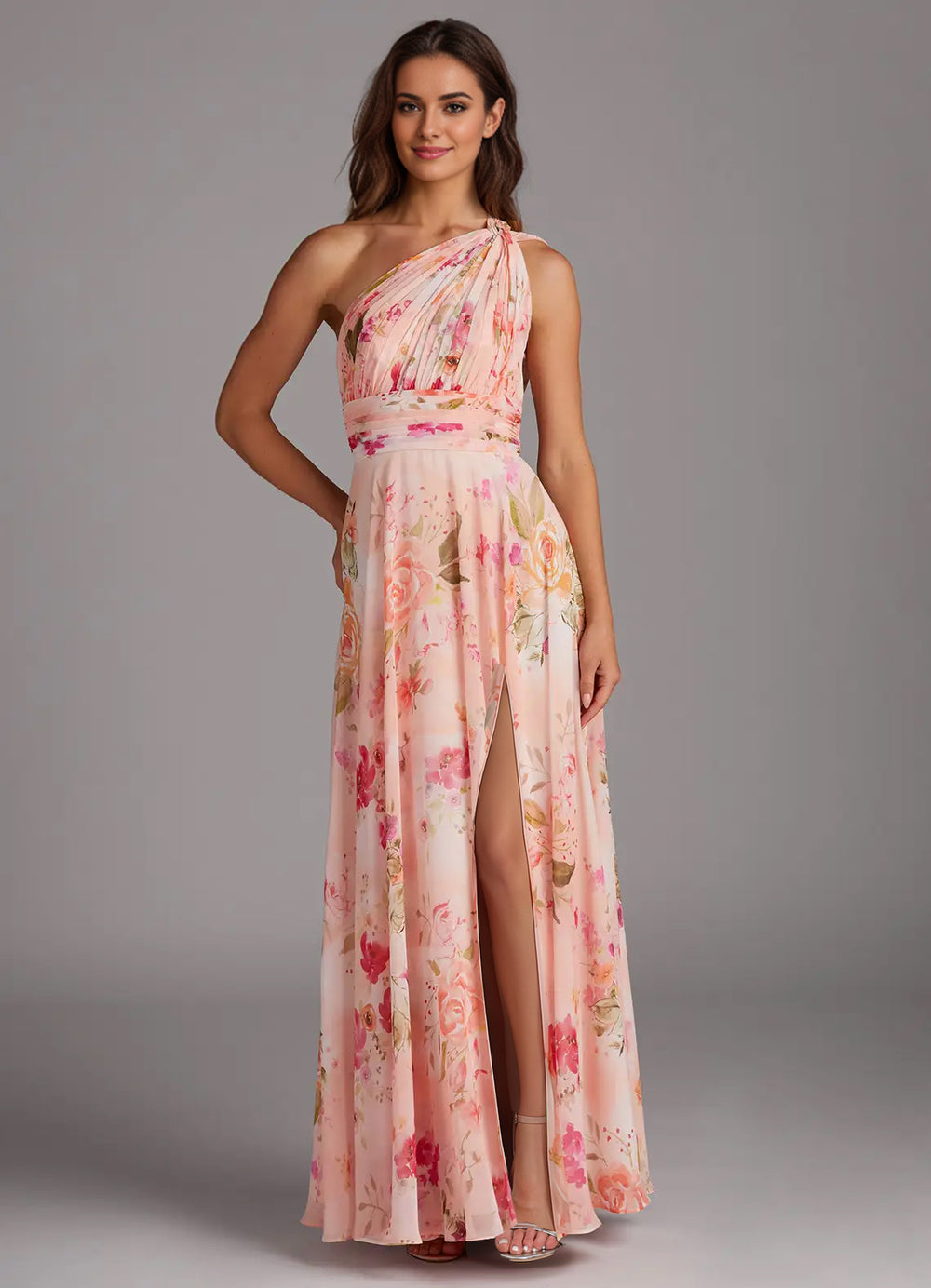 A-line One Shoulder Floor-Length Chiffon Bridesmaid Dress With Slit