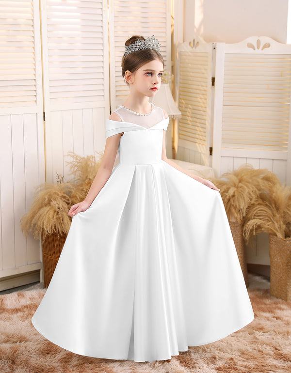 Ball-Gown/Princess Scoop Floor-Length Satin/Tulle Flower Girl Dress With Bow/Beading