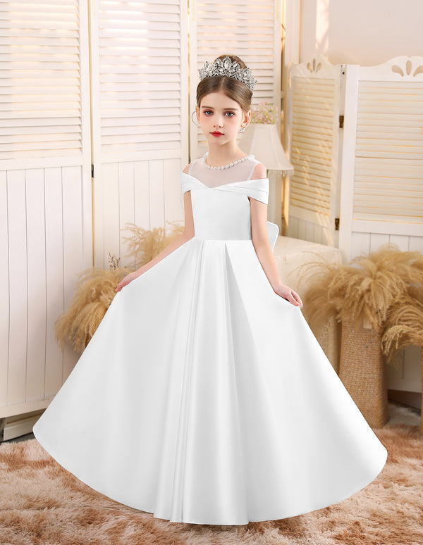 Ball-Gown/Princess Scoop Floor-Length Satin/Tulle Flower Girl Dress With Bow/Beading