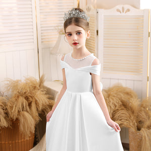Ball-Gown/Princess Scoop Floor-Length Satin/Tulle Flower Girl Dress With Bow/Beading