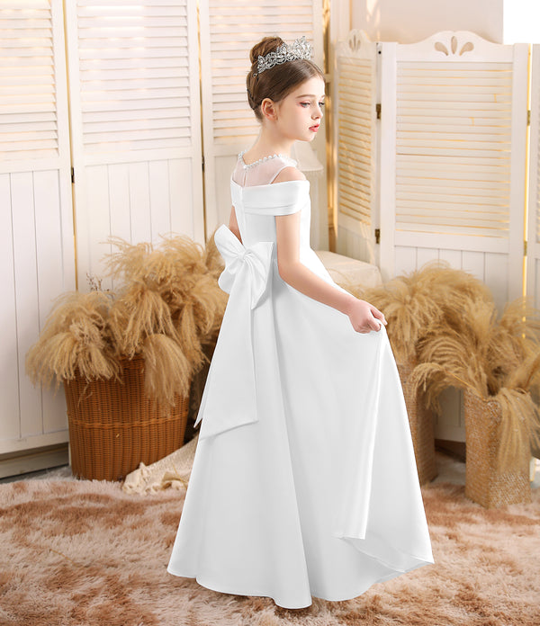Ball-Gown/Princess Scoop Floor-Length Satin/Tulle Flower Girl Dress With Bow/Beading