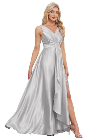 A-line V-Neck Floor-Length Satin Bridesmaid Dress