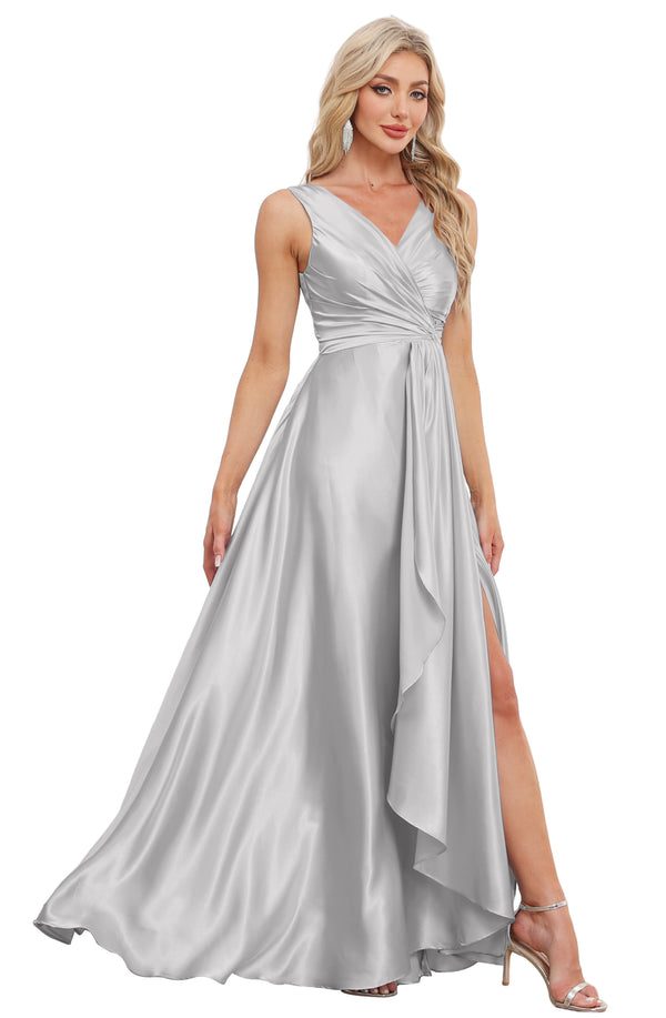 A-line V-Neck Floor-Length Satin Bridesmaid Dress