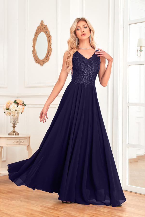 Sleeveless A-Line Floor Length Chiffon Lace V-Neck Bridesmaid Dress