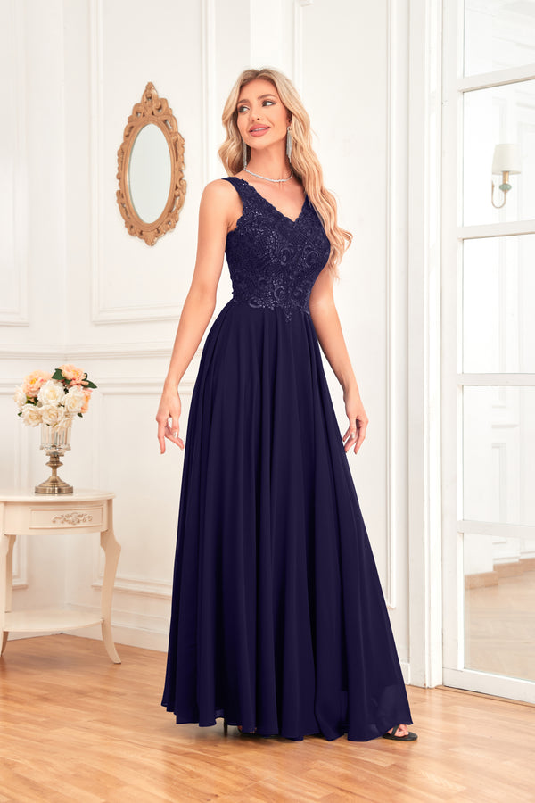 Sleeveless A-Line Floor Length Chiffon Lace V-Neck Bridesmaid Dress