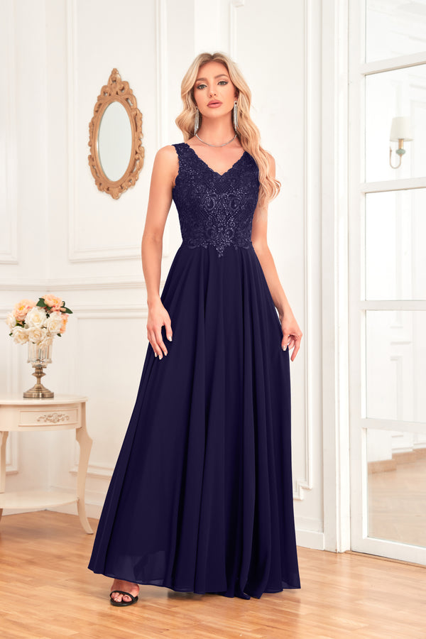 Sleeveless A-Line Floor Length Chiffon Lace V-Neck Bridesmaid Dress