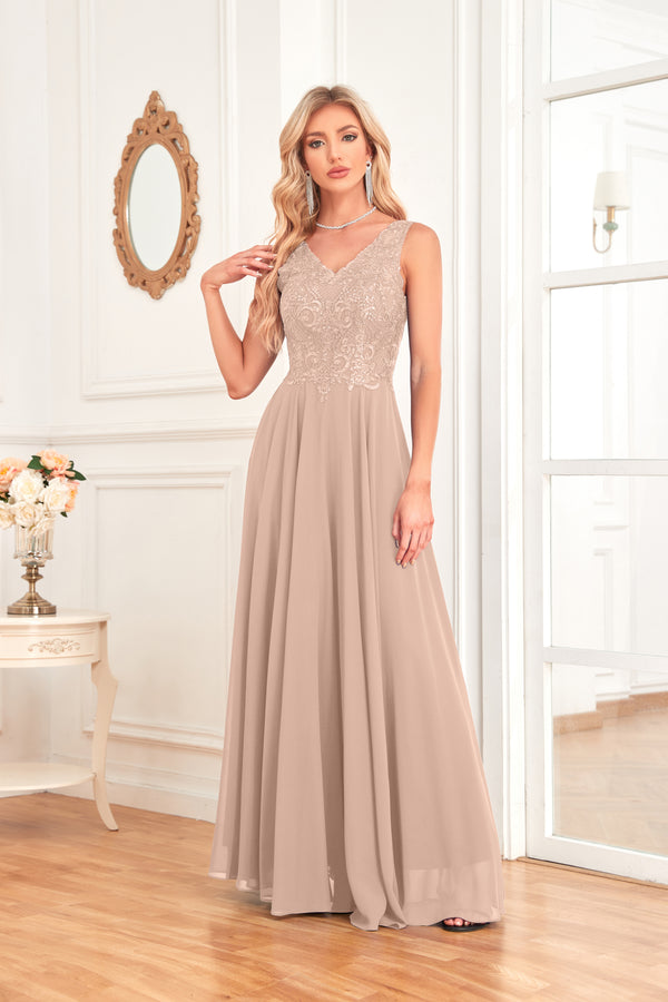 Sleeveless A-Line Floor Length Chiffon Lace V-Neck Bridesmaid Dress