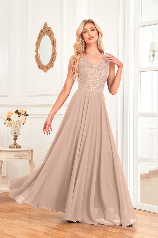 Sleeveless A-Line Floor Length Chiffon Lace V-Neck Bridesmaid Dress