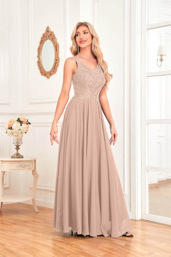 Sleeveless A-Line Floor Length Chiffon Lace V-Neck Bridesmaid Dress