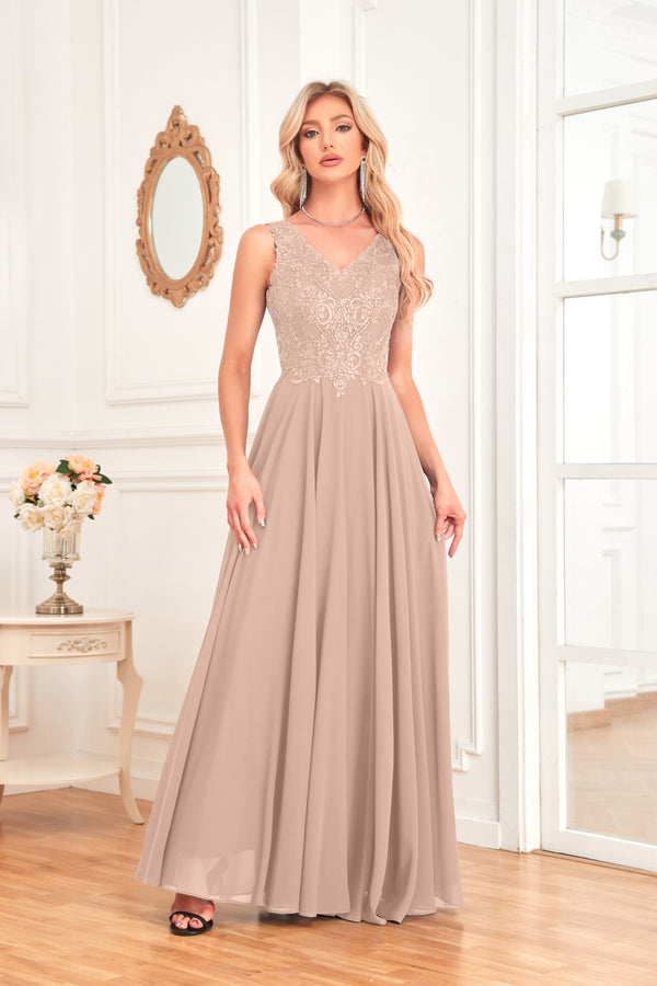 Sleeveless A-Line Floor Length Chiffon Lace V-Neck Bridesmaid Dress