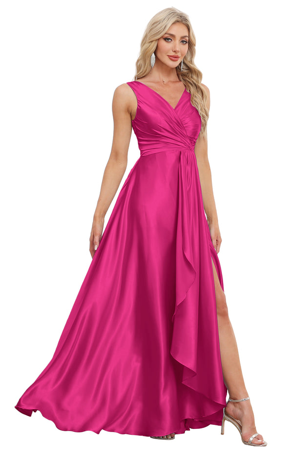 A-line V-Neck Floor-Length Satin Bridesmaid Dress