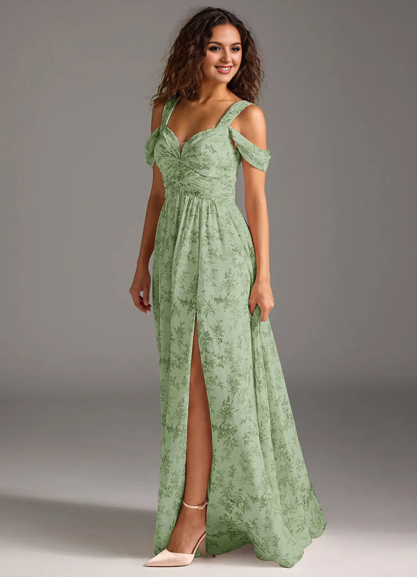 A-line Cold Shoulder Floor-Length Chiffon Bridesmaid Dress With Slit