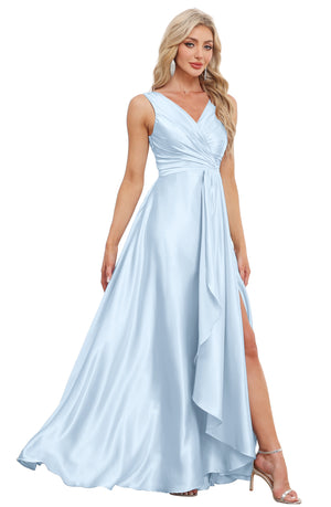 A-line V-Neck Floor-Length Satin Bridesmaid Dress