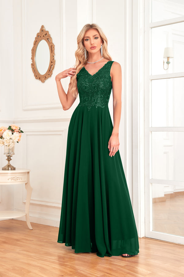 Sleeveless A-Line Floor Length Chiffon Lace V-Neck Bridesmaid Dress