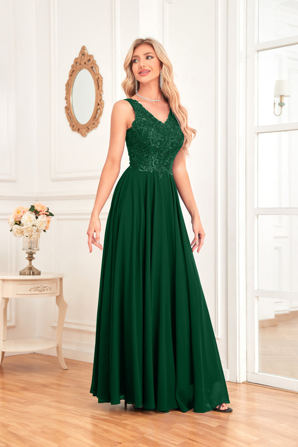 Sleeveless A-Line Floor Length Chiffon Lace V-Neck Bridesmaid Dress