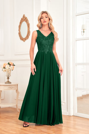 Sleeveless A-Line Floor Length Chiffon Lace V-Neck Bridesmaid Dress