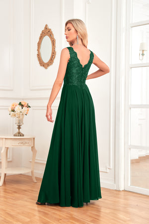 Sleeveless A-Line Floor Length Chiffon Lace V-Neck Bridesmaid Dress