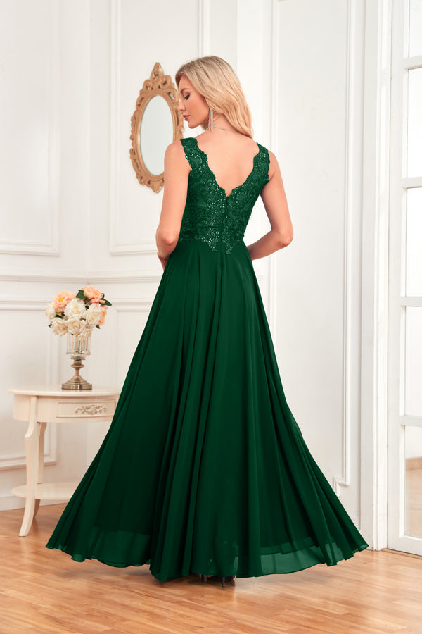 Sleeveless A-Line Floor Length Chiffon Lace V-Neck Bridesmaid Dress