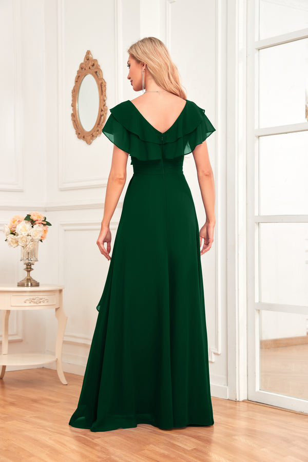 A-line V-Neck Floor-Length Chiffon Dress With Ruffle