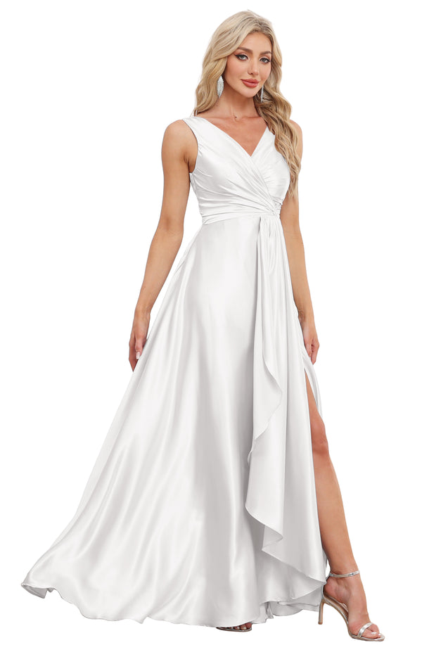 A-line V-Neck Floor-Length Satin Bridesmaid Dress