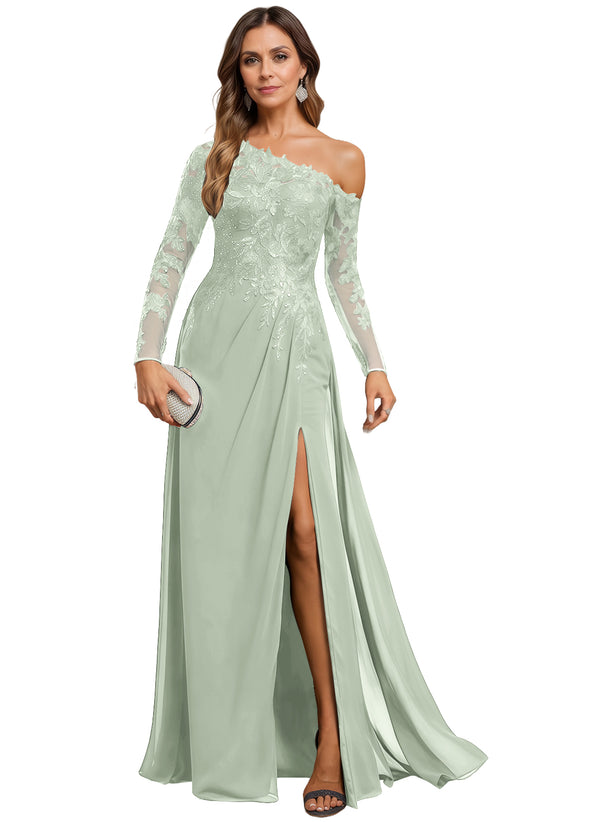 Trumpet/Mermaid Asymmetrical Illusion Floor-Length Lace Chiffon Evening Dress With Sequins