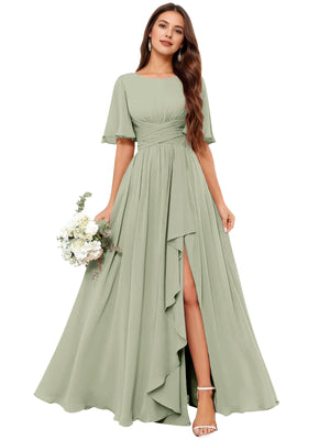 A-line Scoop Floor-Length Chiffon Bridesmaid Dress With Slit