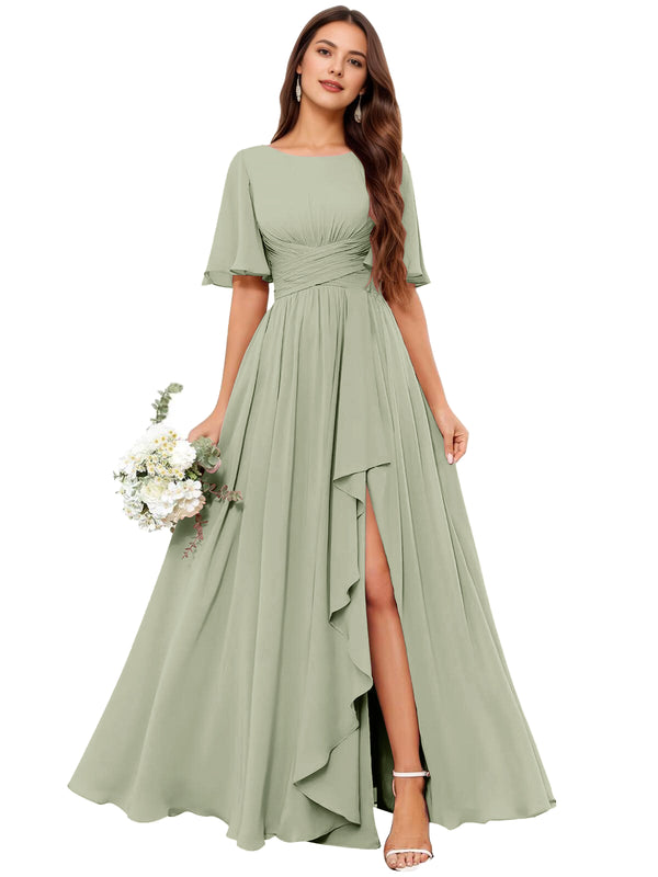 A-line Scoop Floor-Length Chiffon Bridesmaid Dress With Slit