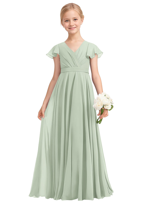 A-line V-Neck Floor-Length Chiffon Junior Bridesmaid Dress