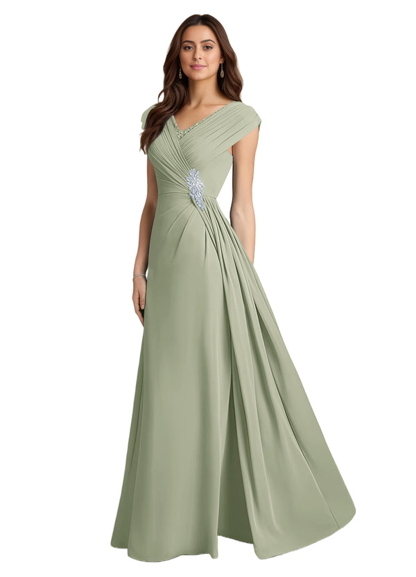 A-line V-Neck Floor-Length Chiffon Mother of the Bride Dress With Pleated Sequins