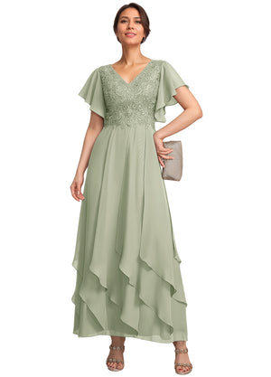 A-line V-Neck Ankle-Length Lace Chiffon Mother of the Bride Dress With Cascading Ruffles