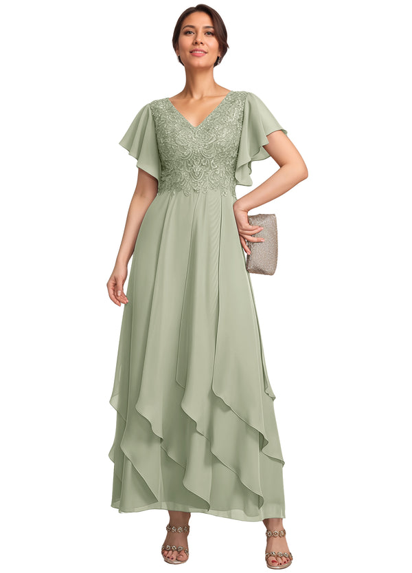 A-line V-Neck Ankle-Length Lace Chiffon Mother of the Bride Dress With Cascading Ruffles