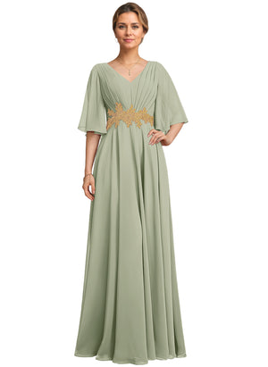 A-line V-Neck Floor-Length Chiffon Lace Mother of the Bride Dress With Sequins Beading