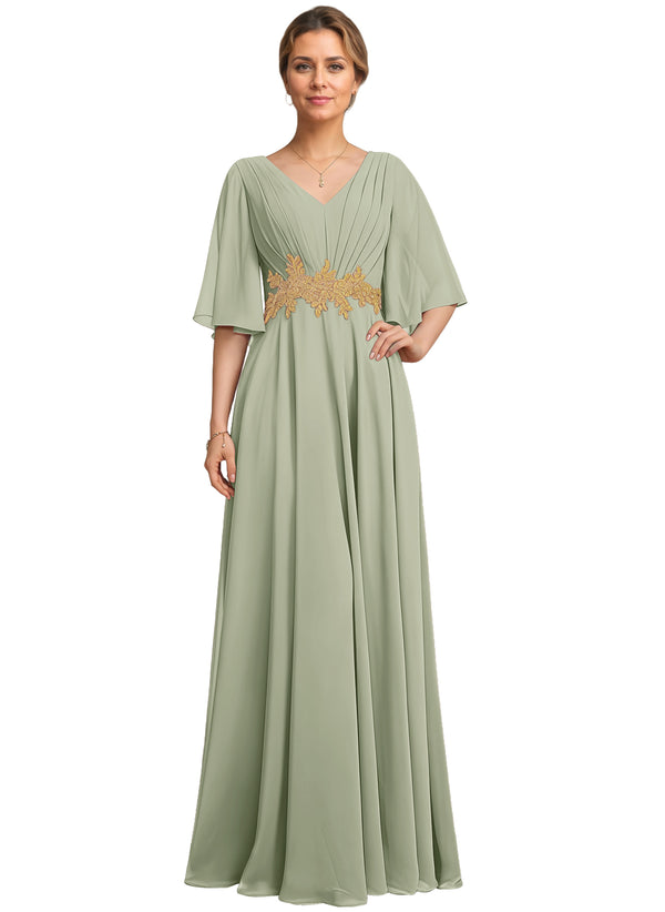 A-line V-Neck Floor-Length Chiffon Lace Mother of the Bride Dress With Sequins Beading