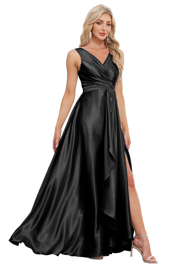 A-line V-Neck Floor-Length Satin Bridesmaid Dress