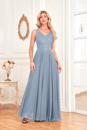 Sleeveless A-Line Floor Length Chiffon Lace V-Neck Bridesmaid Dress