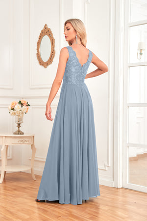 Sleeveless A-Line Floor Length Chiffon Lace V-Neck Bridesmaid Dress