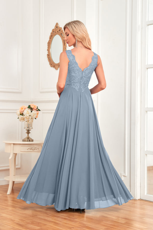 Sleeveless A-Line Floor Length Chiffon Lace V-Neck Bridesmaid Dress