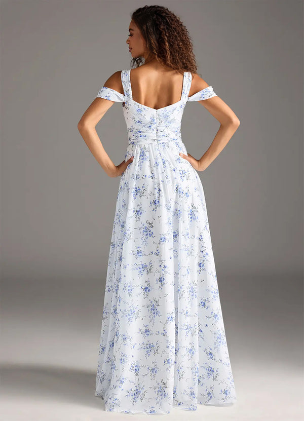 A-line Cold Shoulder Floor-Length Chiffon Bridesmaid Dress With Slit
