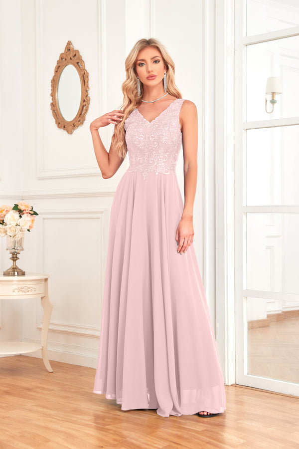 Sleeveless A-Line Floor Length Chiffon Lace V-Neck Bridesmaid Dress