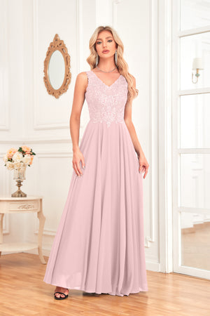 Sleeveless A-Line Floor Length Chiffon Lace V-Neck Bridesmaid Dress