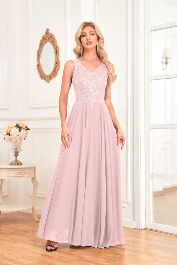 Sleeveless A-Line Floor Length Chiffon Lace V-Neck Bridesmaid Dress