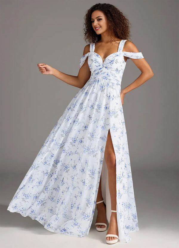 A-line Cold Shoulder Floor-Length Chiffon Bridesmaid Dress With Slit