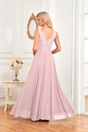 Sleeveless A-Line Floor Length Chiffon Lace V-Neck Bridesmaid Dress