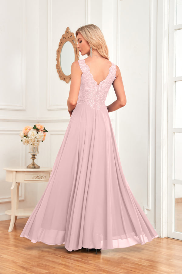 Sleeveless A-Line Floor Length Chiffon Lace V-Neck Bridesmaid Dress
