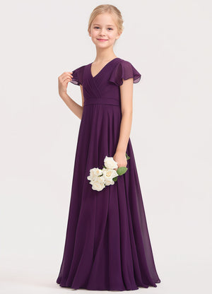 A-line V-Neck Floor-Length Chiffon Junior Bridesmaid Dress