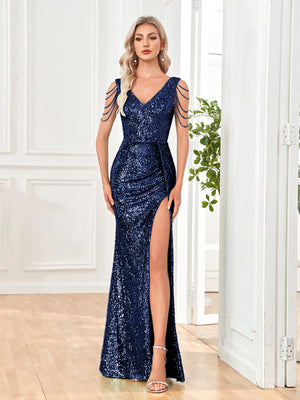 Mermaid/Trumpet Sequin V-Neck Sleeveless Floor Length Prom/Evening Dress with Silt