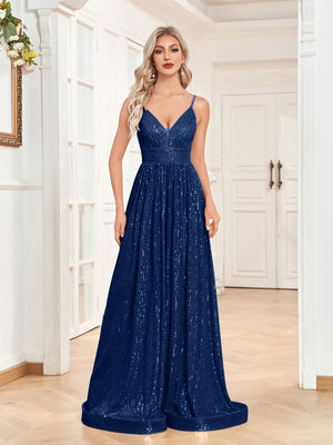 Sequin V-Neck Spaghetti Straps A-Line Floor Length Prom/Evening Dress