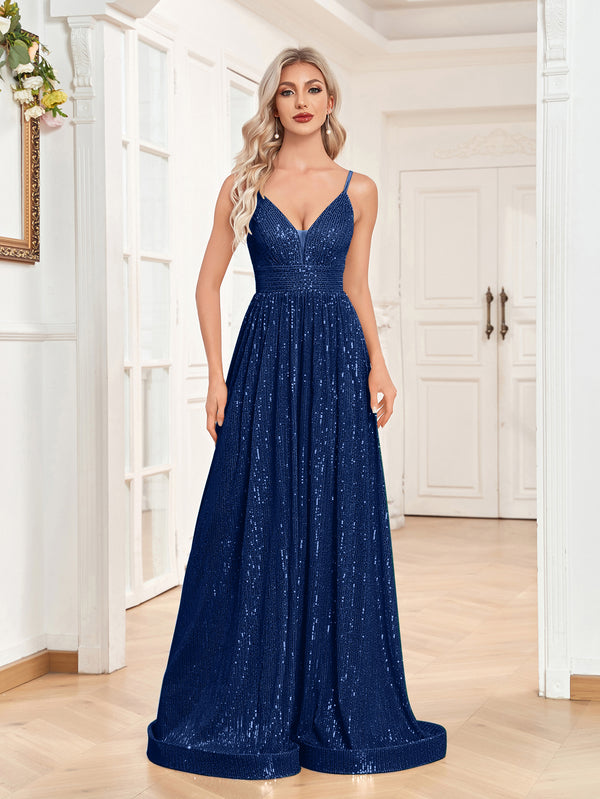 Sequin V-Neck Spaghetti Straps A-Line Floor Length Prom/Evening Dress