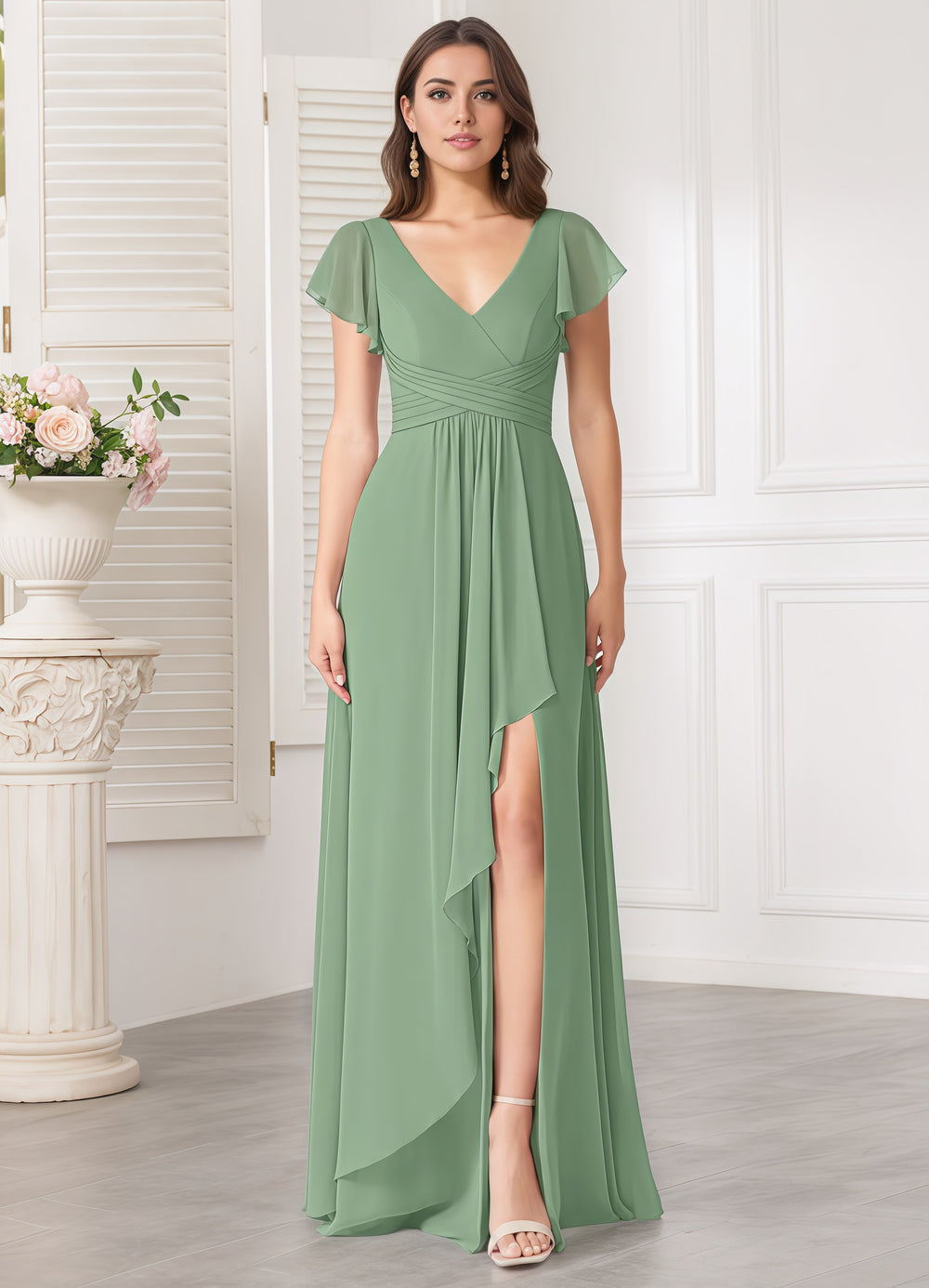 A-line V-Neck Floor-Length Chiffon Bridesmaid Dress With Ruffle