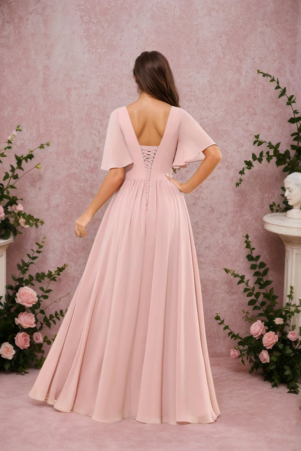 A-line Scoop Floor-Length Chiffon Bridesmaid Dress With Slit